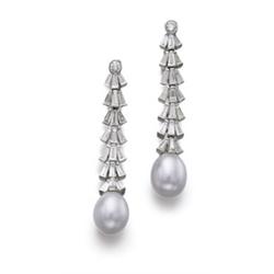 A PAIR OF SOUTH SEA CULTURED PEARL AND DIAMOND EARPENDANTS Each set with a cultured pearl drop me...
