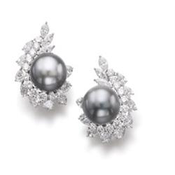 A PAIR OF SOUTH SEA CULTURED PEARL AND DIAMOND EARCLIPS Each set with a gray cultured pearl measu...