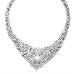 A DIAMOND AND CULTURED PEARL NECKLACE Designed as a tapering band set throughout with brilliant-c...