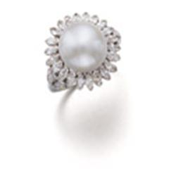A NATURAL PEARL AND DIAMOND RING Designed as a natural white bouton pearl within a surround of ma...