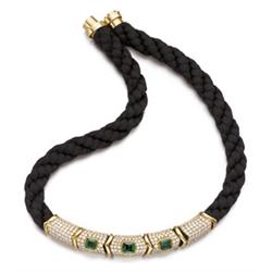 BULGARI AN EMERALD, DIAMOND AND SILK CORD NECKLACE The front designed as five elements pave-set w...