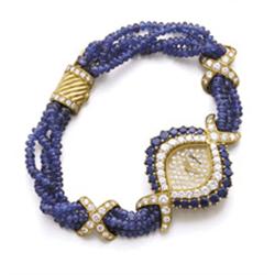 DELANEAU A GOLD, SAPPHIRE AND DIAMOND LADY'S WRISTWATCH Designed as a marquise-shaped dial pave-s...
