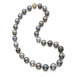 A SINGLE STRAND MULTI-COLORED TAHITIAN CULTURED PEARL AND DIAMOND NECKLACE Composed of 31 graduat...