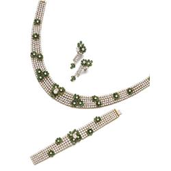 Property of a Lady A DIAMOND AND EMERALD SUITE Comprising a necklace, designed as a tapered and f...