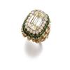 Image 1 : DAVID WEBB A FANCY YELLOW DIAMOND AND EMERALD RING The rectangular-cut fancy yellow diamond weigh...