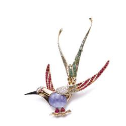 Property of a lady of title KOCH A GOLD AND MULTI-GEM BIRD BROOCH Modeled as a bird-of-paradise, ...