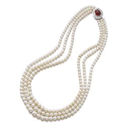 A FINE THREE STRAND NATURAL PEARL NECKLACE Composed of 78, 89 and 100 graduated pearls measuring ...