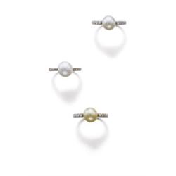 A GROUP OF THREE NATURAL PEARL AND DIAMOND RINGS Each set with either a white, yellow or cream si...