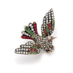 AN EXQUISITE DIAMOND, RUBY AND EMERALD BIRD BROOCH The body pave-set with rose-cut diamonds, the ...