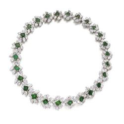 A FINE EMERALD AND DIAMOND NECKLACE Designed as a series of pear-shaped diamond and rectangular-c...