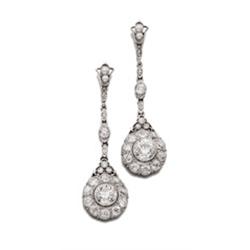 Property of a Lady A PAIR OF DIAMOND AND PEARL EARPENDANTS Each designed as an old European-cut d...
