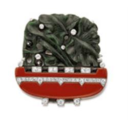 CARTIER AN ART DECO JADE, DIAMOND AND ENAMEL JARDINIERE BROOCH The carved jade foliage with diamo...