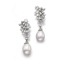 KERN A PAIR OF NATURAL PEARL AND DIAMOND EARPENDANTS Each with a natural white drop pearl measuri...