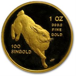 Singapore 1987 1 oz Gold 100 Singold Proof Rabbit