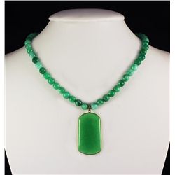 Green Jade Beaded Charm Necklace with Slab Jade Pendant