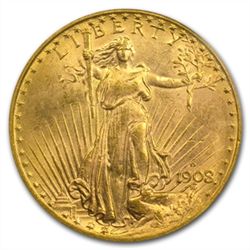 1908-D $20 St. Gaudens Gold - No Motto - MS-63 PCGS