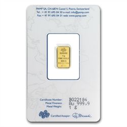 1 gram Pamp Suisse Gold Bar .9999 Fine (In Assay)