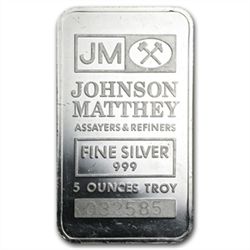 5 oz Johnson Matthey Silver Bar (Pressed, JM logo) .999