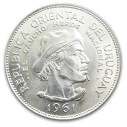Uruguay 1961 10 Pesos Silver WTC Gem Unc Gaucho