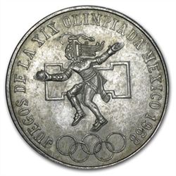 1968 Mexican Silver 25 Pesos Olympics (AU-BU) ASW .5209