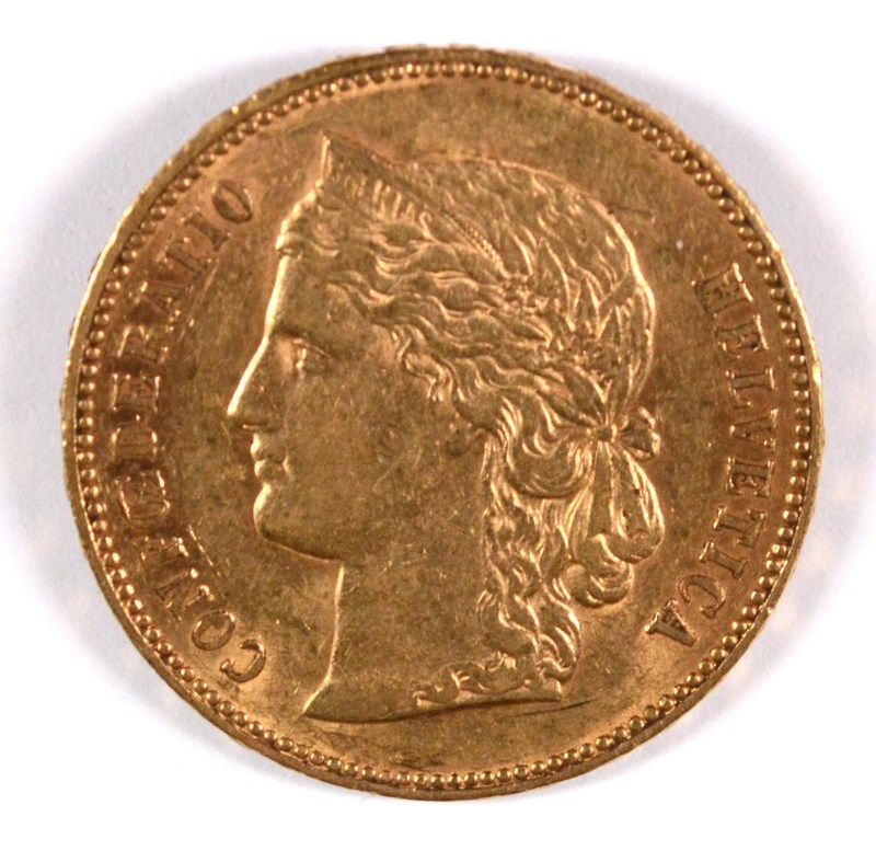 1896 SWISS 20 FRANCS GOLD COIN, AU