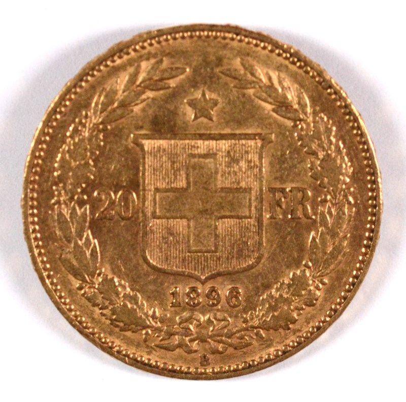 1896 SWISS 20 FRANCS GOLD COIN, AU