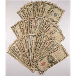 ( 7 ) $5.00  BLUE SEAL SILVER CERTS & 23 1928 $5.00 RED SEALS  AVE CIRCULATED