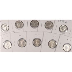 10-NICE MERCURY DIMES 2-1941, 1-1941D, 1-1942D, 2-1943, 1-1943D 1-1944D & 2-1945