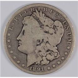1891-CC MORGAN SILVER DOLLAR, VG+