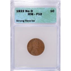 1922 NO D LINCOLN CENT ( STRONG REVERSE ) ICG FINE-12  VERY NICE KEY COIN!