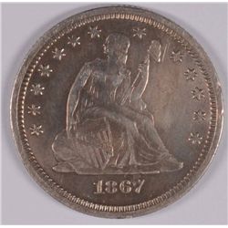 1867 SEATED LIBERTY QUARTER AU SCARCE DATE ATTRACTIVE TONE