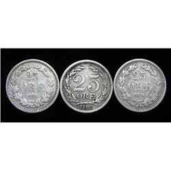 3 Key Date Silver Coins of Sweden 1876,1877,1880-25 Ore