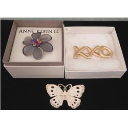 3 Pc Costume Jewelry Brooches Butterfly, Flower, XXO