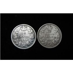 2 Canada 10 Cent Silver Coins - 1899 + 1907