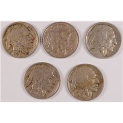 5 EARLY P MINT BUFFALO NICKELS 1913 T2 F, 15 XF, 16 XF, 17 VF, 19 XF