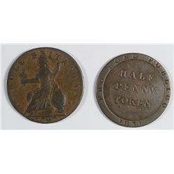 1797 MIDDLESEX TOKEN OFF CENTER F, & 1831 ISLE OF MAN HALF P. VF