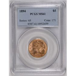 1894 $5  GOLD LIBERTY PCGS MS-61