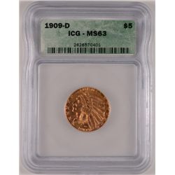 1909-D $5 GOLD INDIAN ICG MS-63 PQ COIN