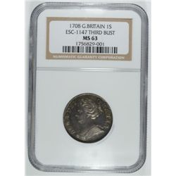 1708 GREAT BRITAIN QUEEN ANN SHILLING ESC-1147 THIRD BUST NGC MS-63