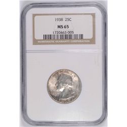1938 WASHINGTON QUARTER NGC MS65 MOSTLY WHITE