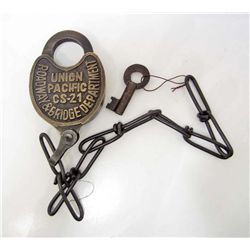 CAST IRON UNION PACIFIC RAILROAD PADLOCK W/ CHAIN & KEY