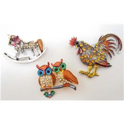 LOT OF 3 AUSTRIAN CRYSTAL  AND ENAMEL BROOCHES