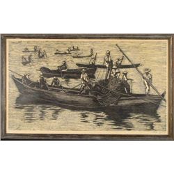 Moshe Gat Large Signed Israel Framed Print Men In Boats