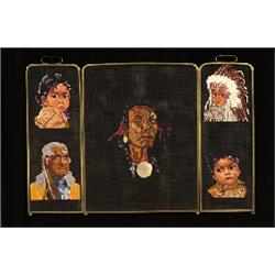 Three Panel Fire Screen with Native Needlework Embroidery 45 1/2"x 29 3/4"   Fine Condition      …