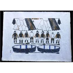 Unframed Print by Jamasie "Men of Kangiak" Stone Cut 16/50 Dorset 1977  34"x 24 1/2"  Fine Condit…