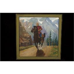 Oil on Old Panel of Mountie at a Gallup ca. 1940  15 3/4"x 11"  Good Condition                   …