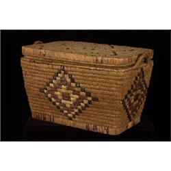 Rectangular Handled Salish Storage Basket with Diamond Imbrication and Cloth Lining 18 1/2" L. 11…