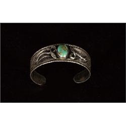Old Pawn Silver and Turquoise Bracelet Snakes, Arrows and Swastikas ca. 1930  Fine Condition     …