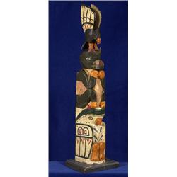 Jimmy John Carved and Painted Yew Wood Eagle, Bear and Owl Totem 23" H.  Fair Condition          …