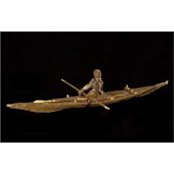Superb Inuit Model Kayak 20" L. with Carved Wood Doll Figure with Sinew Sewn Sealskin Parka, Padd…